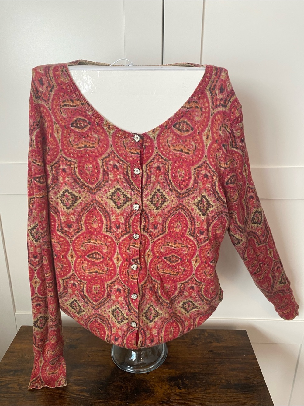 Lucky Brand Red Cardigan Sweater with Intricate Patterns